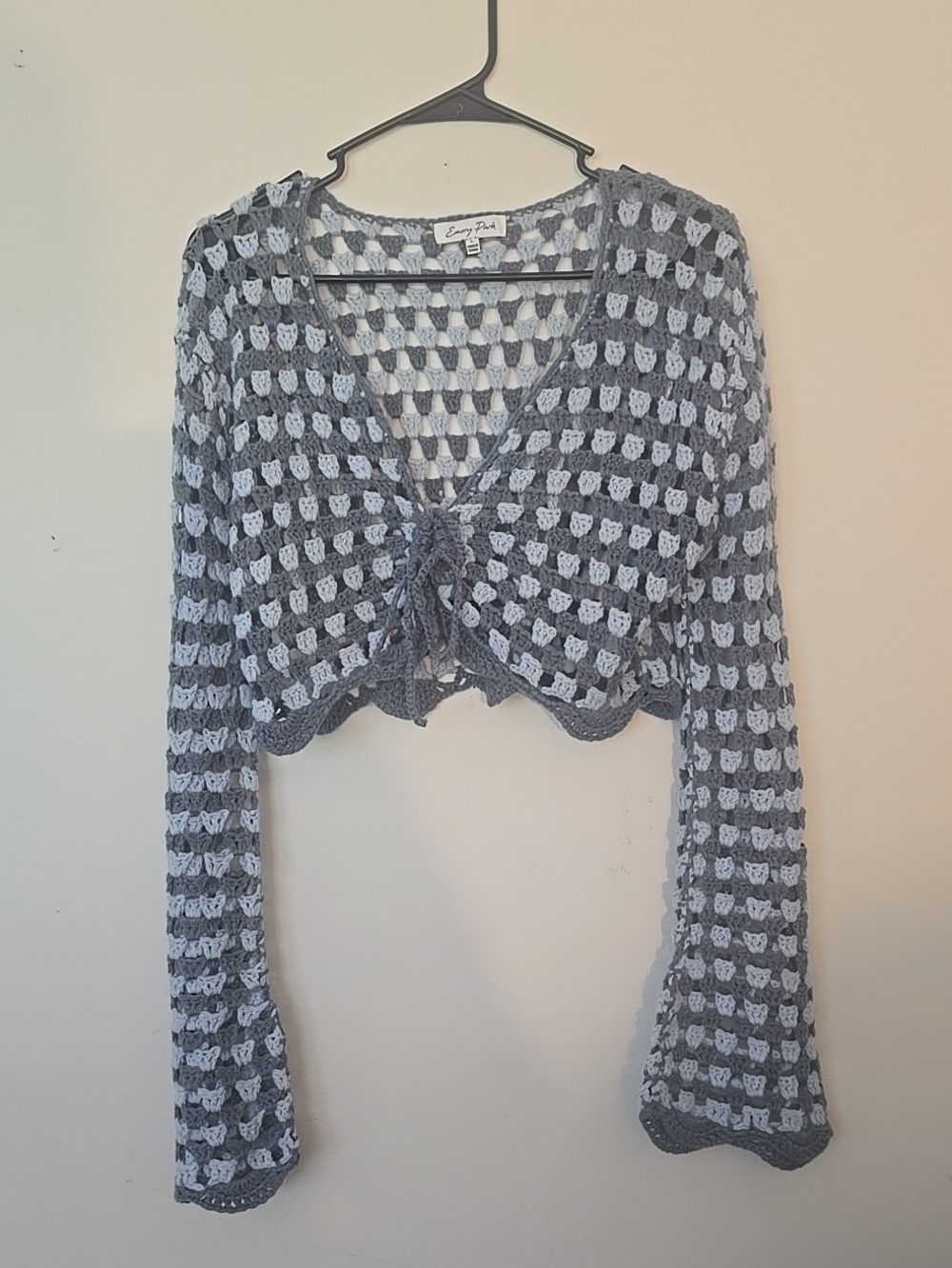 Free People Gray Crochet Tie-Front Crop Cardigan